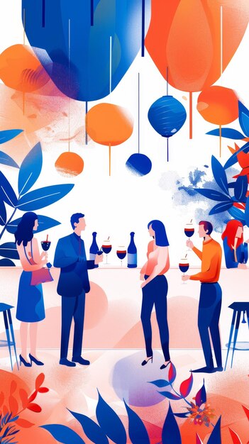 Photo group of women and men with drinks are discussing at the party corporate acquaintance buffet