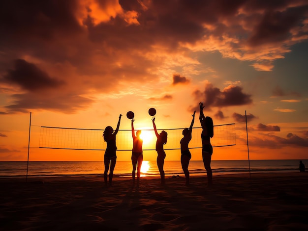 a group of women playing volleyball on a beach
