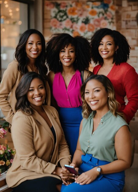 a group of women pose for a photo with flowers behind them