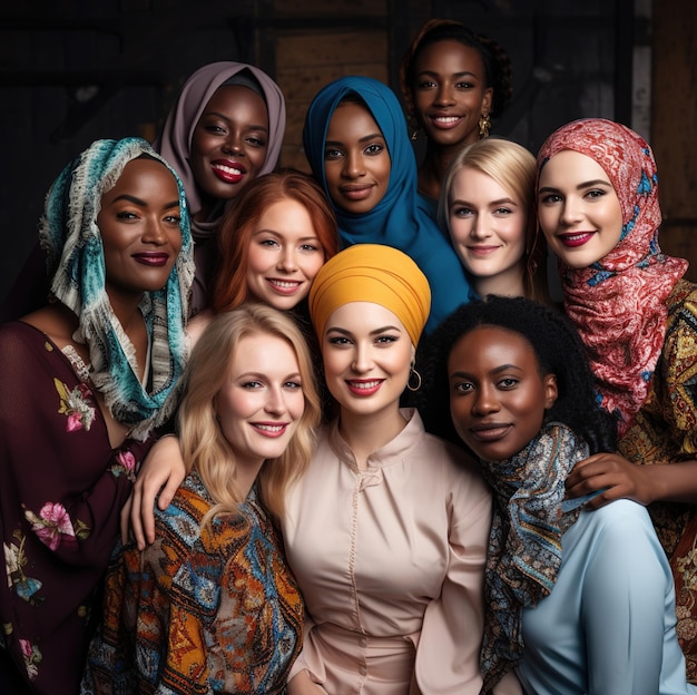 a group of women pose for a photo with one wearing a turban.
