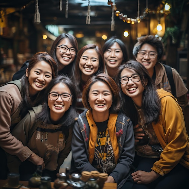 a group of women pose for a picture with a camera.