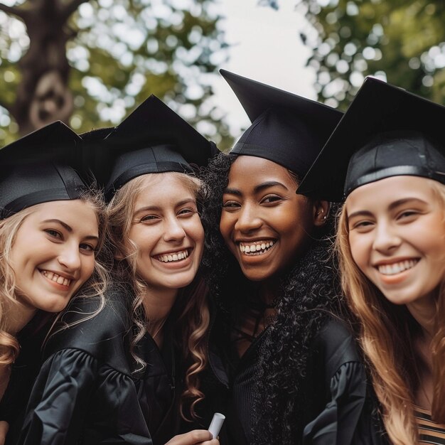 a group of women pose for a picture with their caps on