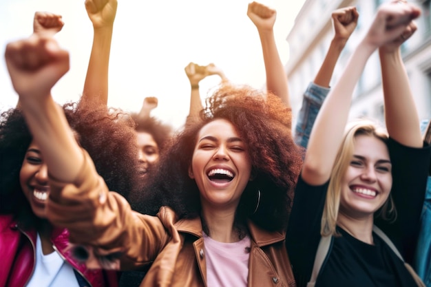 Photo group of women raising fists celebrating the international womens day and the empowerment of women march 8 for feminism independence freedom and activism for women rights