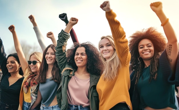 Foto un gruppo di donne che alzano i pugni per la giornata internazionale della donna e l'empowerment delle donne 8 marzo per il femminismo, l'indipendenza, la libertà e l'attivismo per i diritti delle donne