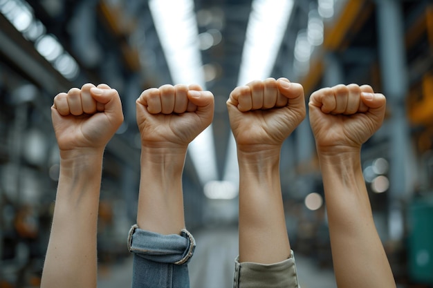 女性のグループがフェミニスト闘争のシンボルとして拳を上げている