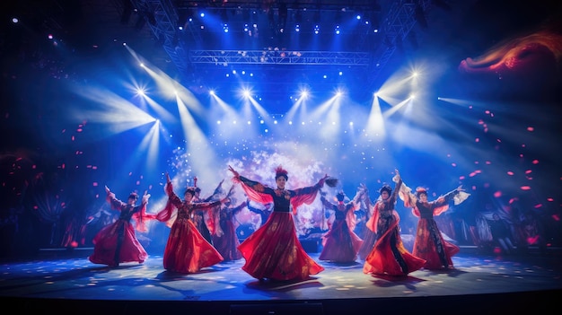 a group of women in red dresses are dancing on stage.