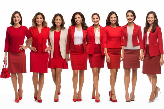 a group of women in red dresses with one wearing a white shirt