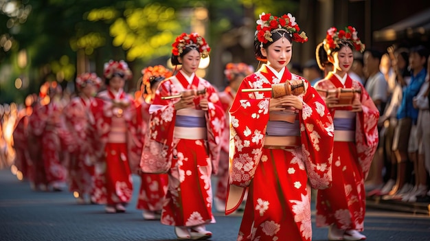 a group of women in red kimonos walk down a street.