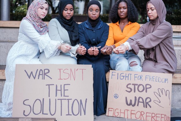 Group of women representing the injustices caused by war Concept peace no war