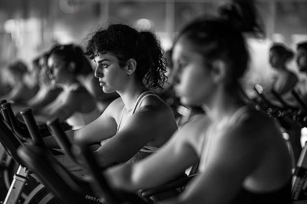 A group of women riding stationary bikes in a gym