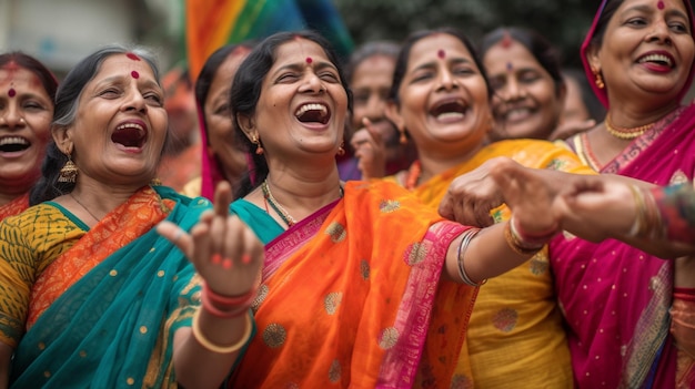 A group of women singing traditional Teej songs and folk melodies spreading joy and celebration