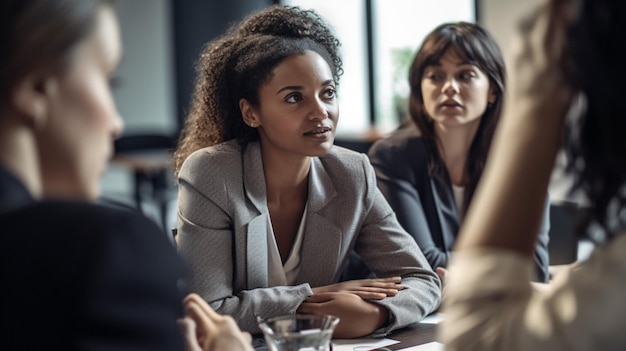 A group of women sit around a table, one of them is looking at a screen that says'i'm a boss '