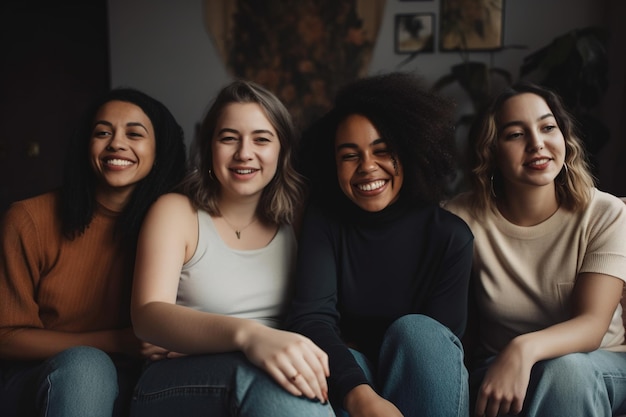 A group of women sit on a couch and smile at the camera.