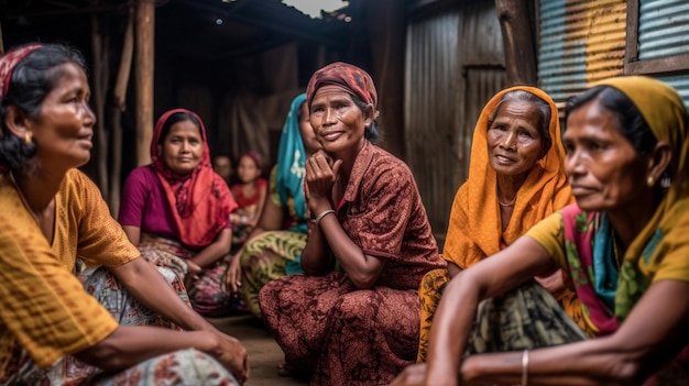 A group of women sit in a small wooden house, one of which is a woman wearing a yellow head scarf.