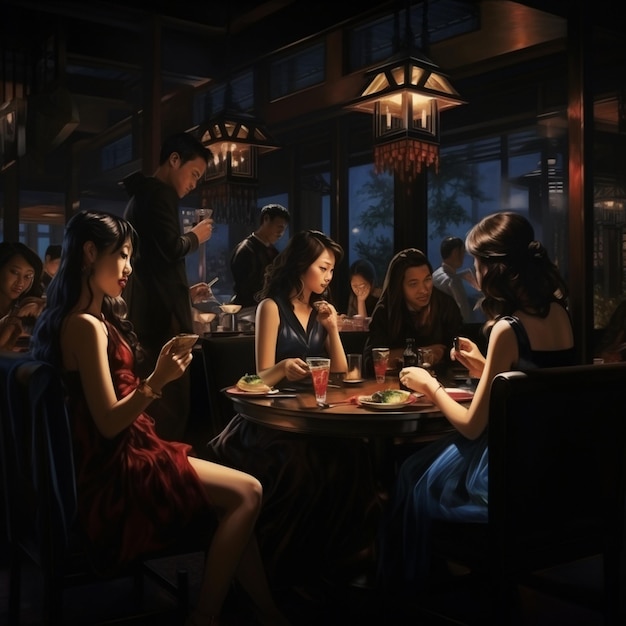 a group of women sit at a table in a restaurant.