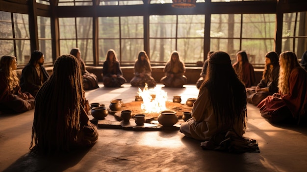 A group of women sitting around a fire pit ai