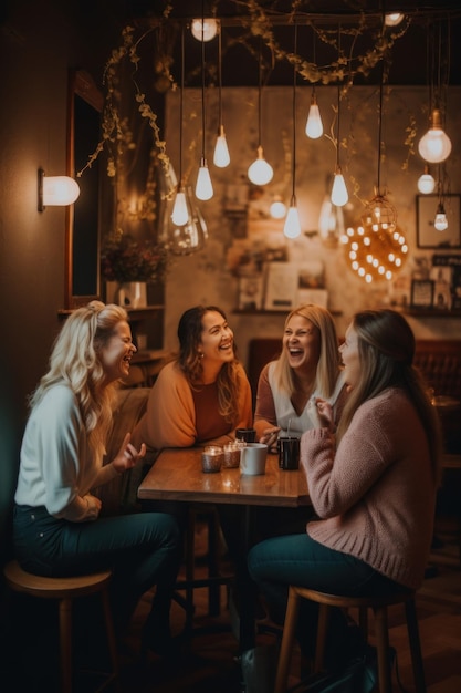 A group of women sitting around a table laughing generative ai image