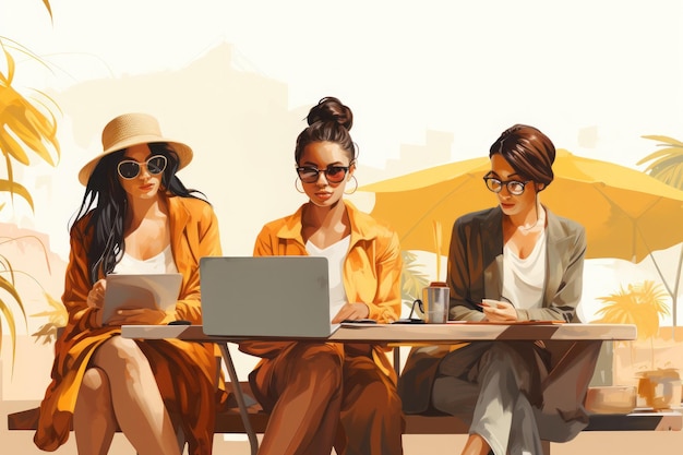 Group women sitting at a table working on their laptop in elegant illustration style Generative AI