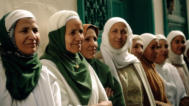 A group of women stand in a line in front of a green door.