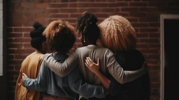 A group of women stand in a line, hugging and looking at a brick wall.