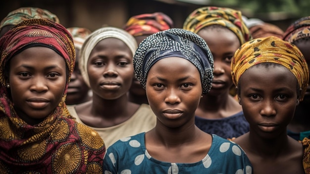 A group of women stand in a line, one of them is wearing colorful clothing.