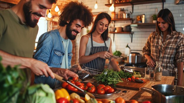 Photo group of women standing around a kitchen preparing food friendship day