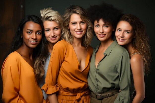 Group of women standing next to each other in front of black background