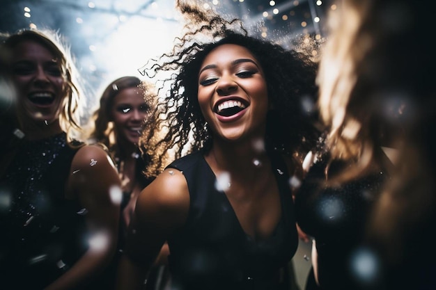 a group of women standing next to each other at a party