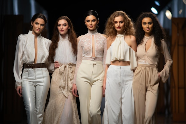 A group of women standing next to each other on a runway