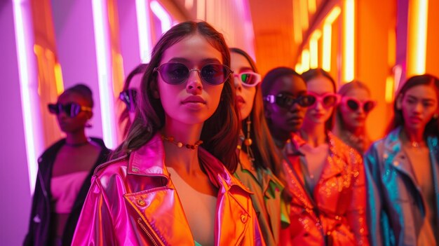 Photo a group of women standing in front of bright neon lights creating a vibrant and dynamic scene