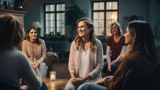 Photo group of women standing together smiling and chatting