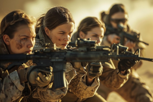 Photo a group of women standing together while holding guns in their hands a group of women soldiers in special forces displaying their combat skills ai generated