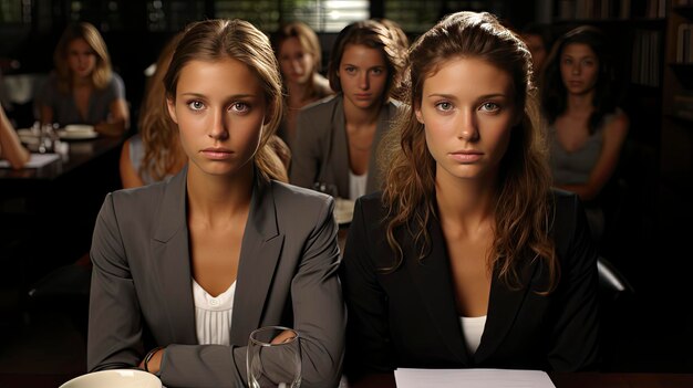 a group of women in suits sit at a table and look at the camera.