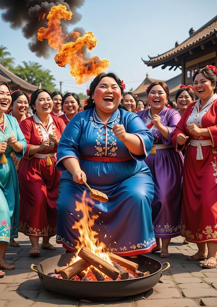 a group of women in traditional dress are dancing around a fire