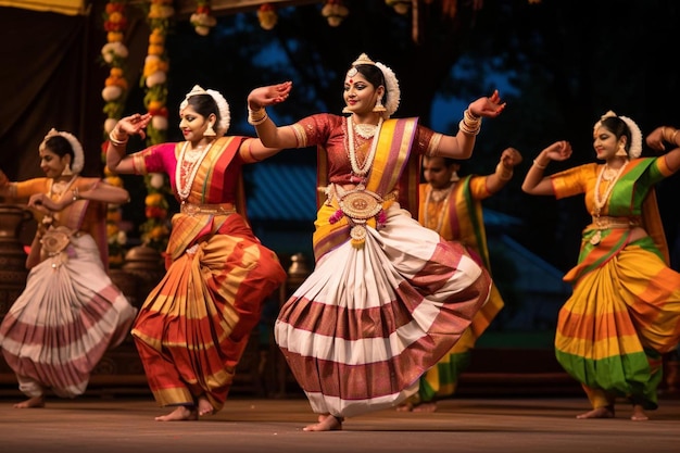 a group of women in traditional dress dancing in a temple