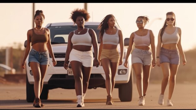 A group of women walk down a road in front of a white car.