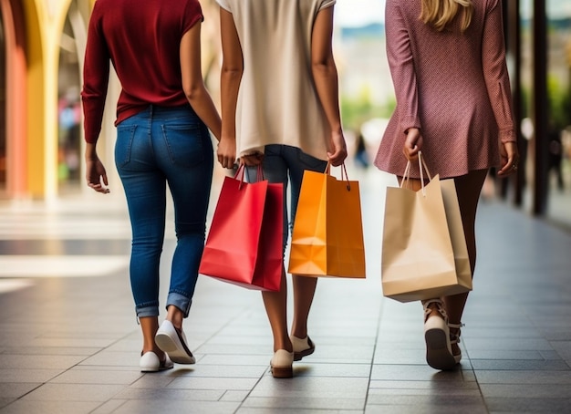 a group of women walking down a sidewalk carrying shopping bags