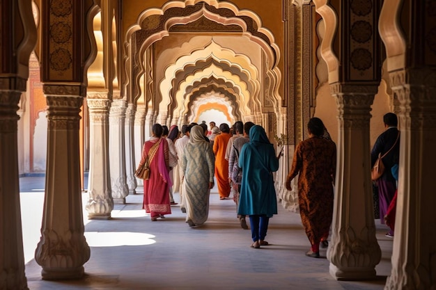 Photo a group of women walking through a building with a large archway in the background