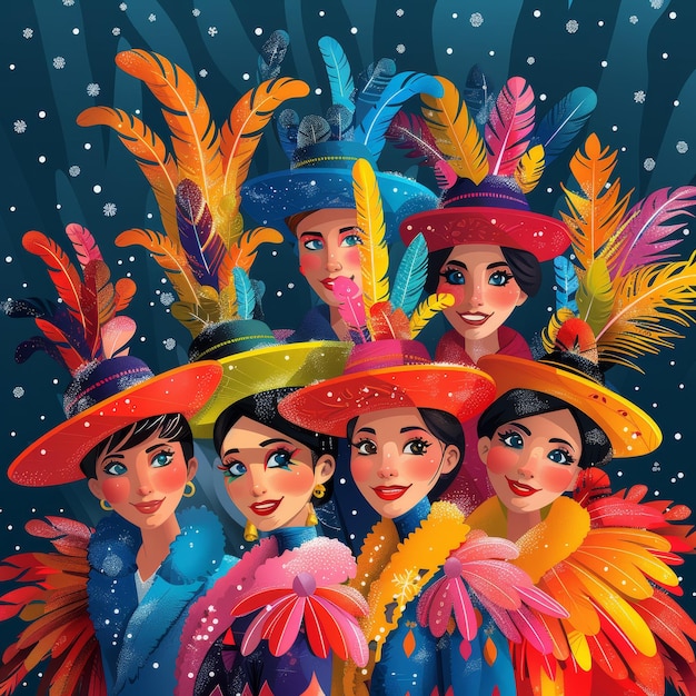 Group of Women Wearing Colorful Hats and Feathers