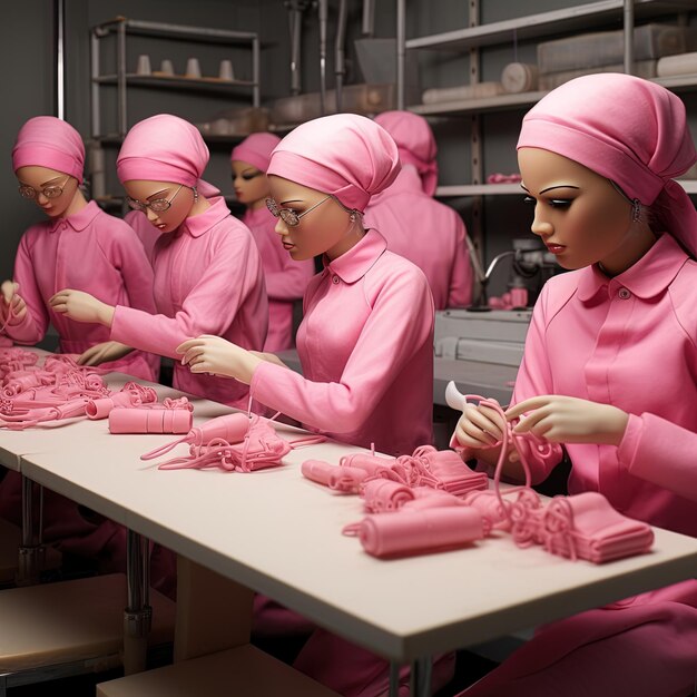 Photo a group of women wearing pink uniforms with a pink apron on it