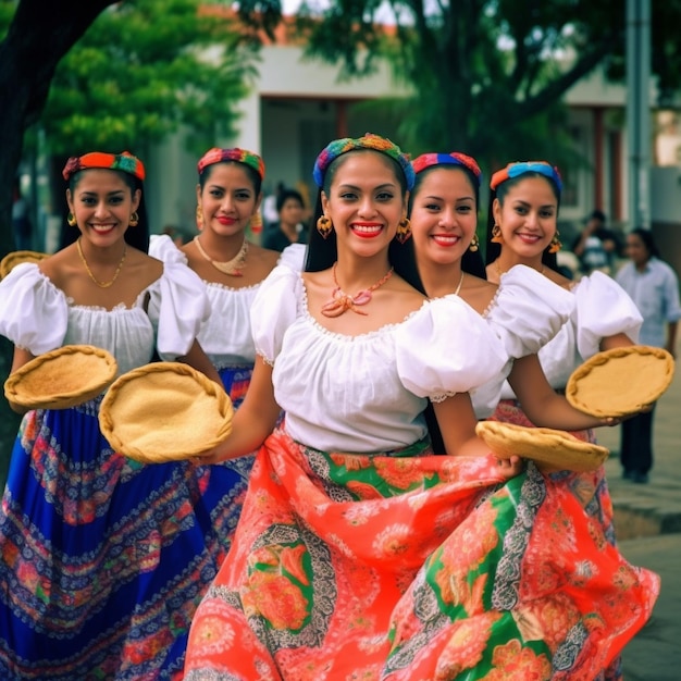 A group of women wearing traditional dress are holding drums