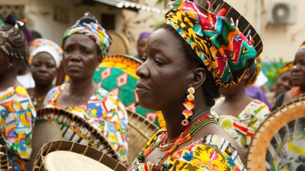 A group of women wearing vibrant colors standing together in a lively and colorful scene