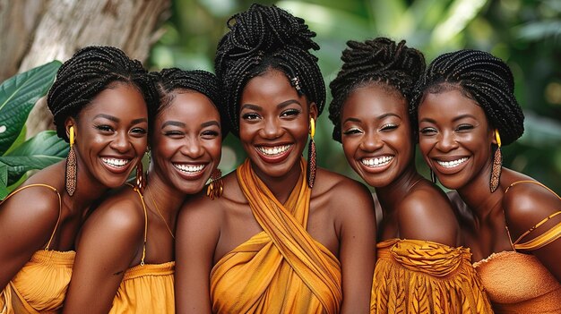 A group of women wearing yellow dresses and braids are smiling