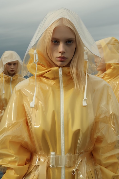 Photo a group of women wearing yellow raincoats