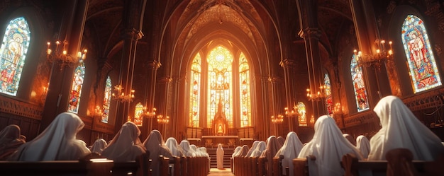 Group of Women in White Robes in a Church