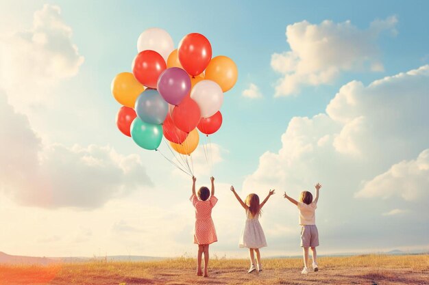 A group of women with balloons in a field with the sky behind them.