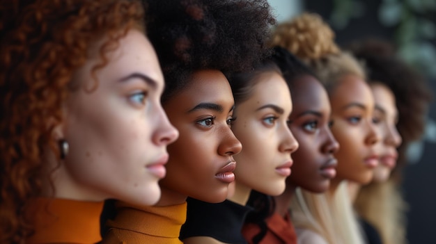 A group of women with different hair colors and styles stand side by side