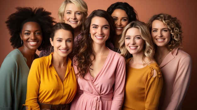 Photo group of women with different skin colors on beige background women's day