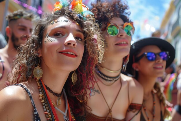 フェイスペイントを塗った女性のグループがレズビアンプライドデーを祝っている