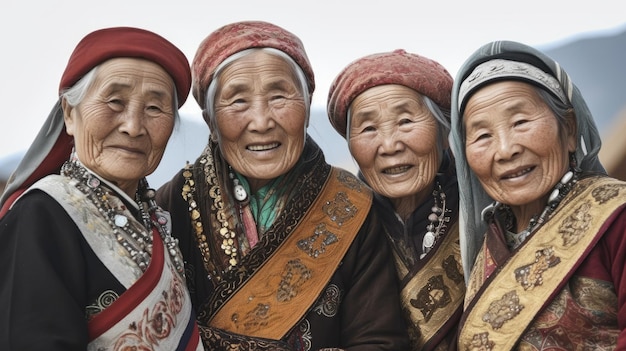 Foto un gruppo di donne con cappelli e sciarpe sta insieme davanti a una montagna.